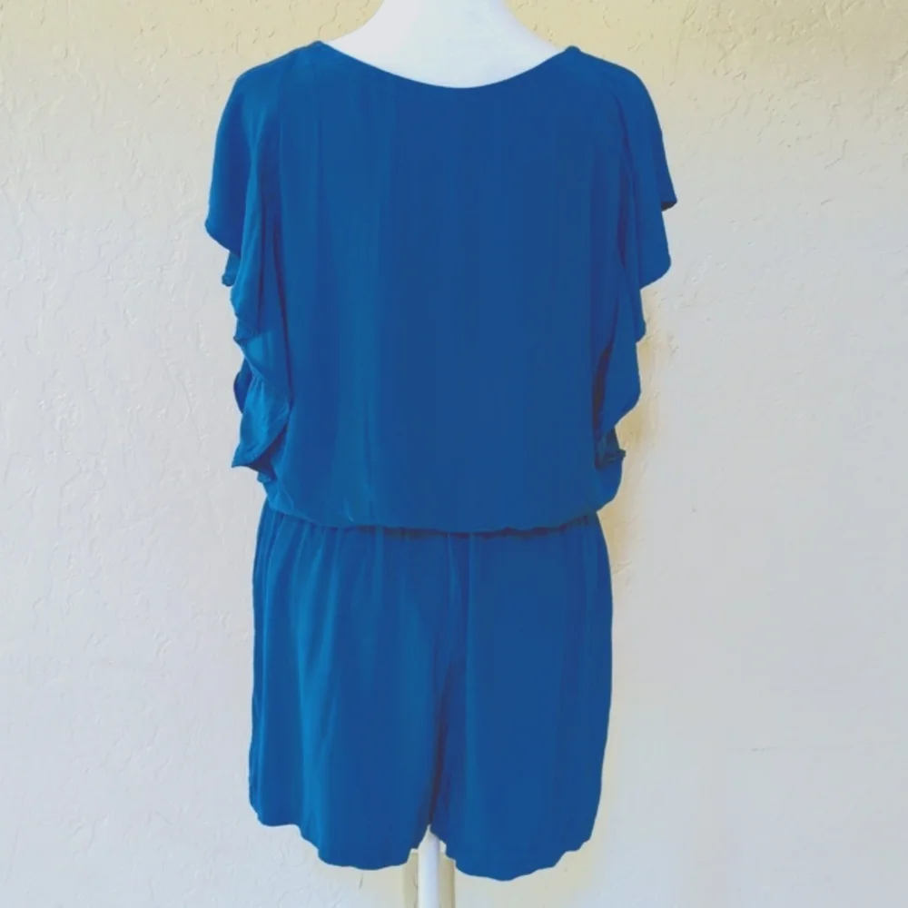 LOFT Vibrant Blue Flutter Sleeve Cinched Drawstring Waist Romper Size Medium